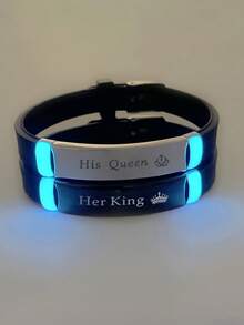 ATLVXJL 2件套情侣对表，他的女王，她的国王，暗夜变色英文字母不锈钢硅胶手链，情人节礼物 - 彩色 - 查看 4