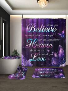 1/4 pièces Rideau de douche avec papillon violet de la Saint-Valentin, ensemble de salle de bain, rideau de douche avec motif floral et citations inspirantes, galaxie (avec tapis), rideau de douche romantique moderne (avec ensemble de tapis de bain et 12 crochets), décoration et accessoires de salle de bain, retour à l'école