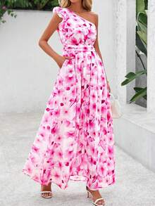 Women Summer Dress Floral One Shoulder Sleeveless Smocked Ruffle Flowy Long Dress With Pocket Boho Beach Vacation Holiday Wedding Guest Valentine Maxi Dress Outfits - 白色粉花 - 查看 4