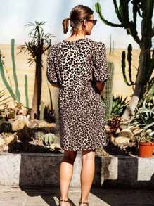 Women Elegant Leopard Print Round Neck Tie Front Short Sleeve Mini Dress