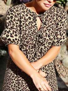Women Elegant Leopard Print Round Neck Tie Front Short Sleeve Mini Dress