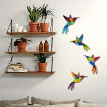 Conjunto de 4 piezas de arte de pared para exteriores, decoraciones de colibrí de madera para pared, arte de jardín de madera, decoraciones de césped para exteriores, estatuas de pared para patio trasero, decoración de valla - Multicolor - Ver 1