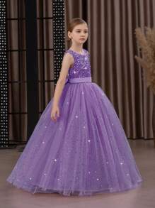 Tween Girl Sequin Bow Tulle Princess Dress, Elegant Party Gown Suitable For Girls Birthday Party, Prom, Wedding, Bridesmaid, Flower Girl Dress For Important Celebrations