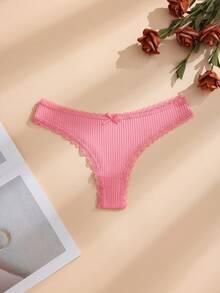 7pcs/Pack Women's Solid Color Thin Lace Patchwork Cotton Thong Panties With Cute Bow, Stretchy & Soft Comfortable Ladies Underwear - Multicolor - View 6
