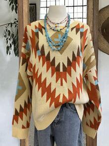 Women's Autumn/Winter Western Cowboy Style Geometric Cactus Jacquard Pattern Round Neck Long Sleeve Loose Knit Pullover Top, Suitable For Travel, Casual And Daily Wear - Multicolor - View 7