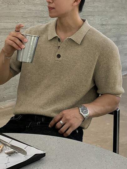 休闲男女通用纯色简约商务风针织套头衫，V领短袖毛衣，春夏款