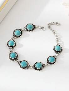 1pc Minimalist Versatile Retro Anklet, Metal Alloy Faux Turquoise Foot Jewelry For Women - Antique Silver - View 11