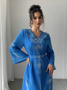 Saudi Arabia Dubai Fashionable Rhinestone Embellished Robe, Summer Chiffon Abaya For Women, Modest - Blue - View 5
