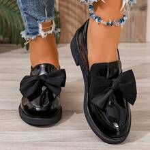 女士时尚蝴蝶结装饰乐福鞋 - 透气天鹅绒一脚蹬鞋，厚底适合所有季节