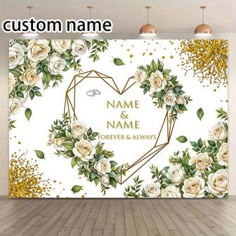 1pc Wedding Themed Party Backdrop Banner, Polyester, Customizable Name, Rose Bouquet Pattern, Suitable For Room, Living Room, Party Celebration Decoration Banner, Home Wall Decor, Outdoor Decoration