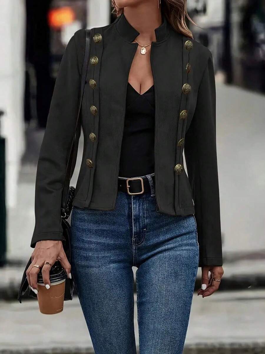 Plain    Casual  Elegant    Double Button  Button  Zipper    Office - màu đen - Xem 1
