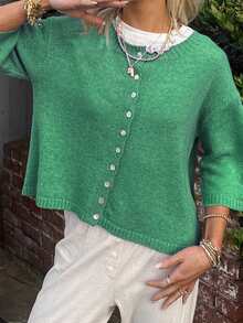 Women Fashion Cardigan Solid Color Buttons Front Elbow Sleeve Sweater Fall Casual Soft Knit Coat - 綠色 - 查看 4