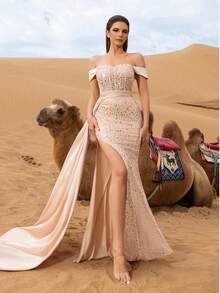 Faeriesty Rochie de seară elegantă, cu paiete și mărgele - siluetă de sirenă, cu umeri goi, talie cu curea, detalii asimetrice cu crăpături înalte, pentru galele de covor roșu, nunți de lux, evenimente de seară formale