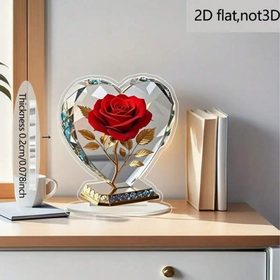 1/2 Peças Decoração de Figurinha de Acrílico em Forma de Coração no Estilo Boêmio, Adornada com Rosa Vermelha e Detalhes Dourados, Decoração de Mesa Elegante para Casa ou Escritório, Presente de Feriado, 2D