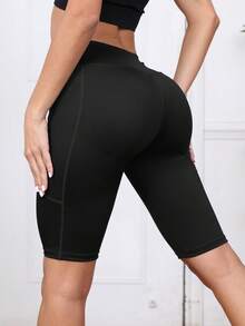 3 件套黑色瑜伽/运动七分裤，修身款，高腰，侧袋，无缝，有弹性，适合瑜伽、骑行、休闲穿着 - 黑色 - 查看 2