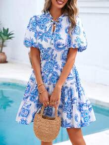 Women Summer Dresses Floral V Neck Short Sleeve Tiered Ruffle Swing Dress A-Line Mini Dresses Boho Hawaii Holiday Beach Dating Night Out Party Club Valentine Short Dress Outfits - 藍色 - 查看 5