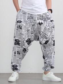 بنطلون هاريم فضفاض بطباعة صحيفة قديمة للرجال، بنطلون طويل كاجوال للارتداء اليومي، الرياضة، عطلة الشاطئ، الخريف