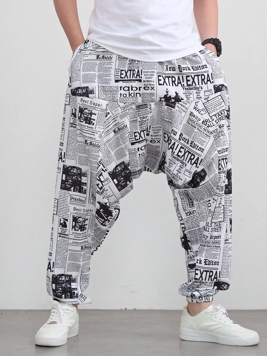 بنطلون هاريم فضفاض بطباعة صحيفة قديمة للرجال، بنطلون طويل كاجوال للارتداء اليومي، الرياضة، عطلة الشاطئ، الخريف