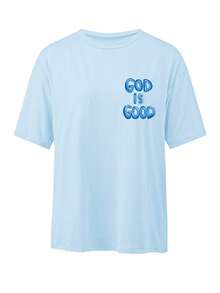 Áo thun nữ JOYY "God Is Good" cổ tròn tay ngắn theo phong cách Cơ Đốc giáo, dáng rộng thoải mái, in chữ màu hồng hai mặt, trang phục thường ngày tối giản - Màu xanh nhạt - Xem 5