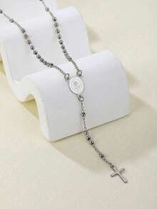 1pcs Religious Christian Stainless Steel Necklace Silver Women's Virgin Mary Jesus Cross Pendant Long Beaded Chain Fashion Jewelry