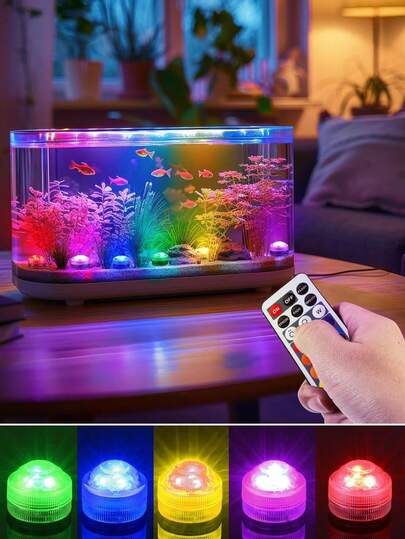 带遥控器的迷你潜水LED灯，小型水下茶蜡烛，防水RGB多色无焰装饰灯，电池供电，花瓶，游泳池，池塘装饰灯