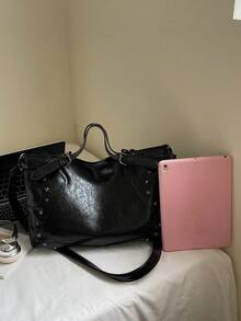 复古铆钉装饰女式摩托车包，多功能高品质大容量小巧单肩斜挎包 - 黑色 - 查看 5