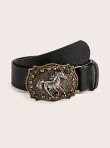 1pc Unisex Retro Western Cowboy Animal Buckle Embossed PU Leather Belt, Fashion Versatile For Various Jeans, Dresses, All Seasons
