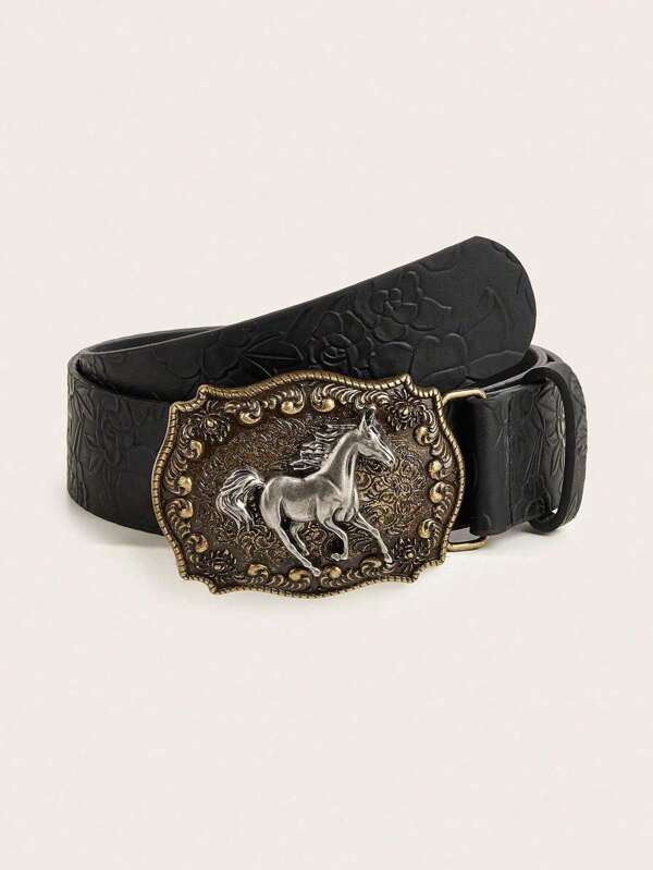 1pc Unisex Retro Western Cowboy Animal Buckle Embossed PU Leather Belt, Fashion Versatile For Various Jeans, Dresses, All Seasons