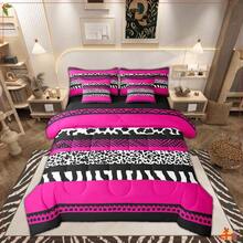 Cheetah Print Bed In A Bag 7 Pieces Twin Size Comforter Set,Wild Animal Skin Leopard Spot Bedding Sets Geometry  Fuchsia Sriped Patchwork Bed Set With Comforter,Sheets,Pillowcases & Shams - Multicolor - View 1
