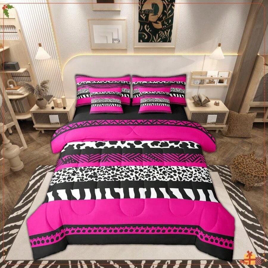 Cheetah Print Bed In A Bag 7 Pieces Twin Size Comforter Set,Wild Animal Skin Leopard Spot Bedding Sets Geometry  Fuchsia Sriped Patchwork Bed Set With Comforter,Sheets,Pillowcases & Shams - Multicolor - View 1