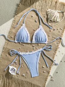 Set di bikini estivo da donna per la spiaggia e le vacanze, a righe, con rouche, laccetti laterali e fascia per il collo