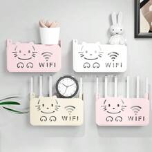 1pc Router Storage Box, Fits Standard Router Size, Cute Wall-Mounted Storage, Plastic Material Router Holder, Adorable Cat Design, Cat Face & WiFi Details, Does Not Block Signal, Suitable For Household Network Device Organization
