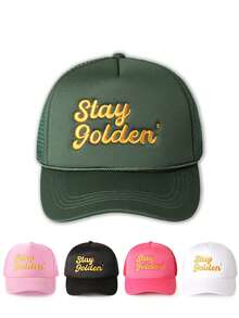 1顶Y2K印花“Stay Golden”抽绳网眼棒球帽，透气可调节女士高尔夫遮阳帽，时尚弯檐男士遮阳帽，Y2K情侣遮阳帽，夏季、海滩、度假、旅行 - 印刷 - 查看 11