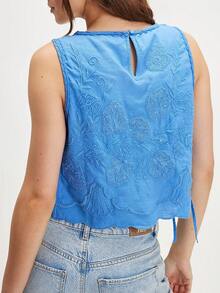 Womens Summer Lace Floral Crop Tank Top Sleeveless Side Tie-Up Eyelet Embroidery Vest Shirts Casual Beach Vacation Clothes - 藍色 - 查看 3