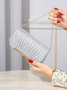 奢华迷人金属拼布信封包，磁扣优雅时尚派对手拿包，链条肩带单肩包，适合女士生日、婚礼和晚会 - 銀色 - 查看 4