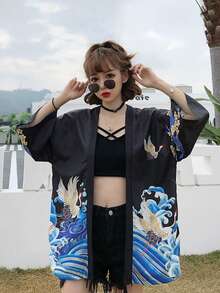 复古中国风可爱仙鹤印花罩衫、和服外套、沙滩罩衫、夏季防晒泳装