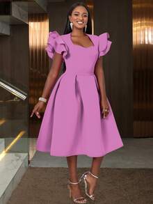 Women's Sweetheart Neck Ruffle Hem Flare Skirt, Suitable For Parties, Graduations, Back To School Occasions, Paired With Bell Sleeves - Mauve Purple - View 6