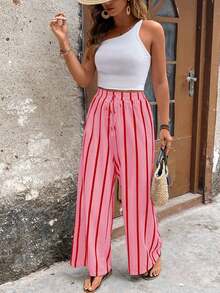 女士粉色条纹休闲度假风长裤（春季款） - 粉色 - 查看 6