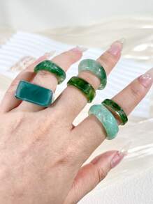 6pcs Bohemian Vintage Ink Wash Resin Open Ring Set, Creative Gifts For Women