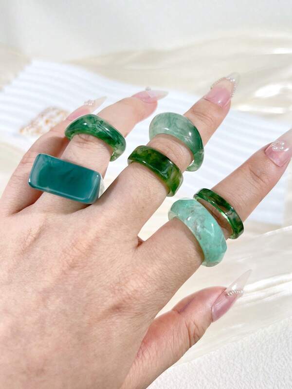 6pcs Bohemian Vintage Ink Wash Resin Open Ring Set, Creative Gifts For Women