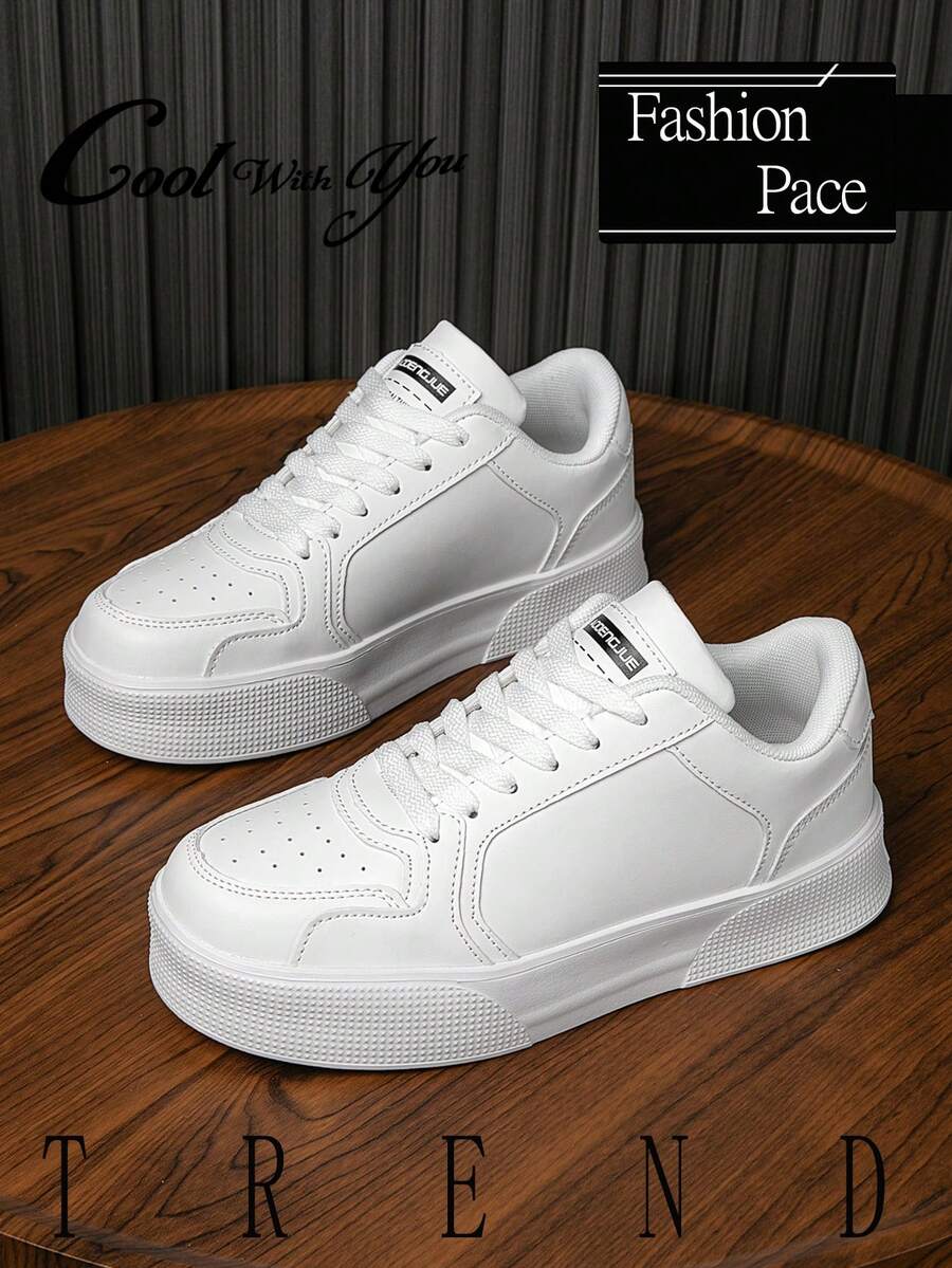 Men's Minimalist Style Casual Lace-Up Height Increasing Sneakers, Lightweight & Comfortable For Daily Walking, Suitable For Youths, Outdoors, All Seasons And Couples - White - View 1
