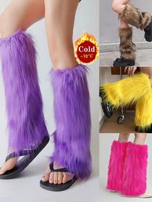 1 Pair Women's Retro Y2K Style Faux Fur Leg Warmers, Warm Furry Boot Cuffs In Purple And Yellow Plush Covers, Vintage Luxury Spice Design, Perfect For Winter, Christmas, Easter Or Special Occasions, Cozy - Multicolor - View 1