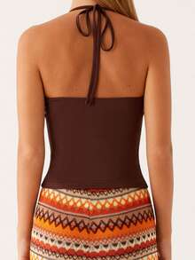 Women Beaded Halter Tops Summer Solid Color Tie Up Backless Shirts For Streetwear Aesthetic Grunge Clothes - Màu nâu - Xem 6