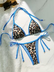 Women's Backless Leopard Print Patchwork Bikini Set (Top And Bottom), Casual Summer - Blue - View 2