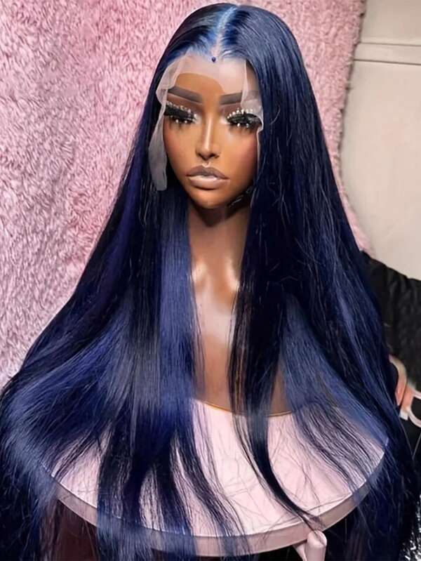 13X4 Blue Lace Front Long & Straight Human Hair Wigs Pre Plucked Hairline With Baby Hair Unprocessed Virgin Brazilian Human Hair Wigs Blue Color Wig For Women Halloween Costumes