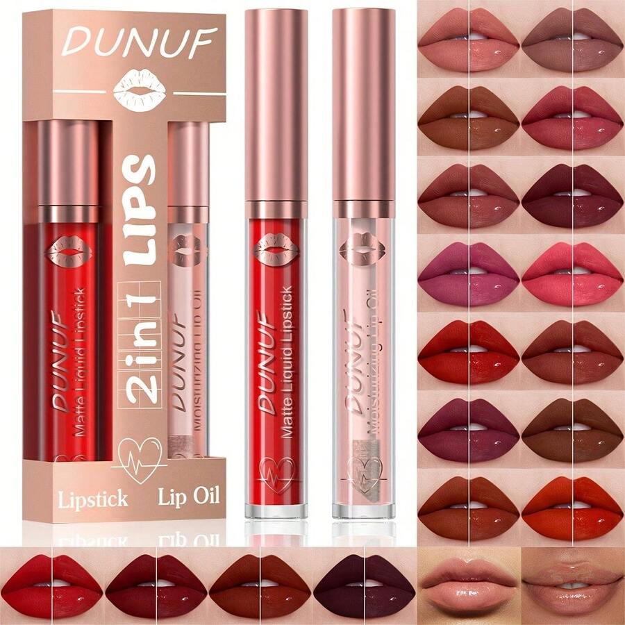 DUNUF Lip Gloss Lip Oil Set 2 Pieces Set Not Easy To Stick Cup Matte Lip Gloss Set Waterproof Long-Lasting Non-Fading Moisturizing - Multicolor - View 1