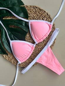 String Bikini With String - สีชมพู/สีขาว - ดู 1