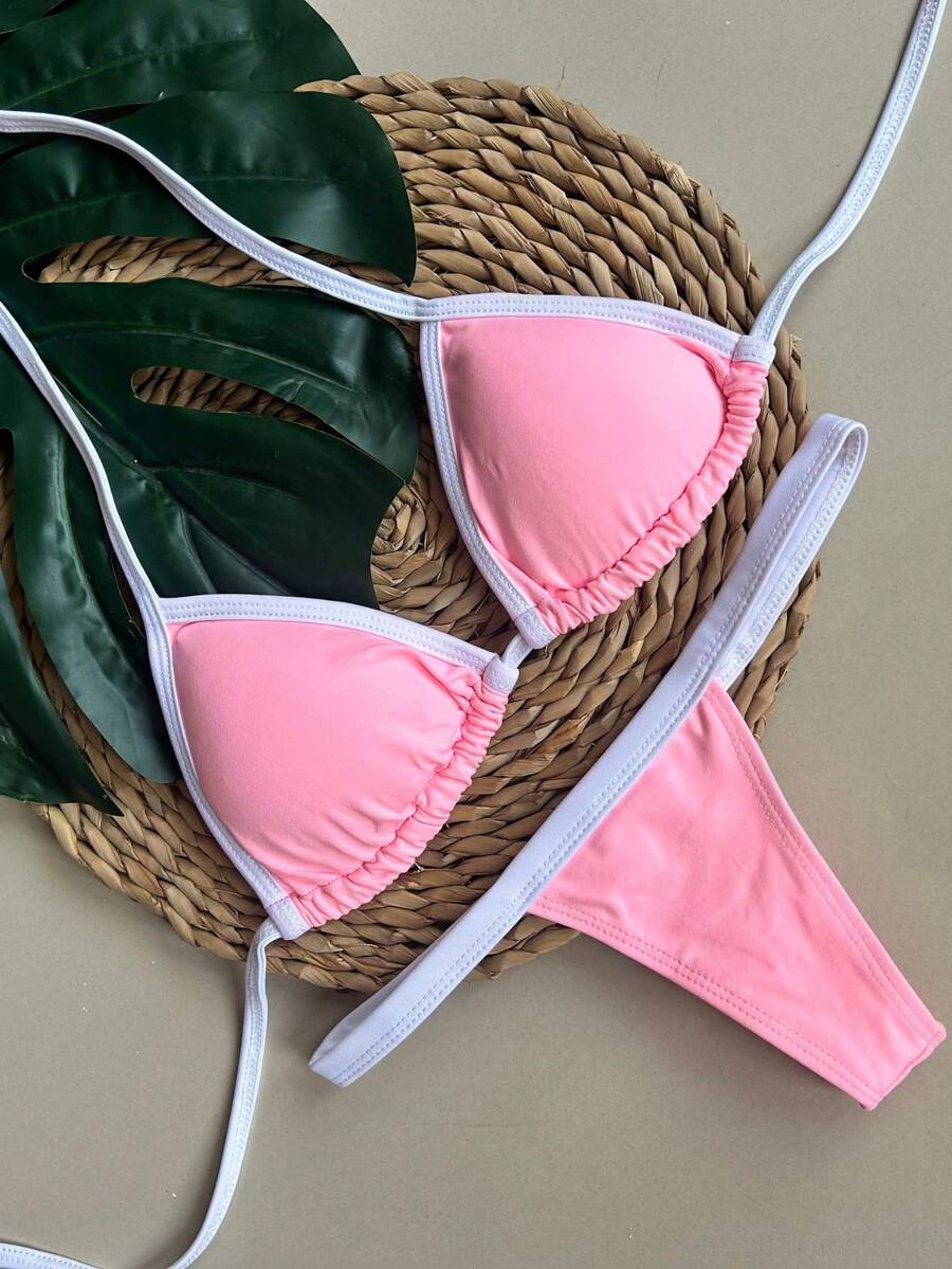 String Bikini With String - สีชมพู/สีขาว - ดู 1