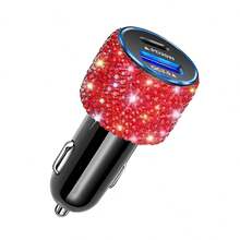 1个双USB车载充电器，手工闪亮水晶钻石汽车装饰，5V快充适配器，兼容安卓/智能手机