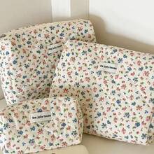 3pcs Makeup Bag Quilted Cosmetic Bag Silk Ribbon Large Floral Make Up Bag For Women Bow Cotton Makeup Bag Set Flower Travel Toiletry Bag - 彩色 - 查看 2